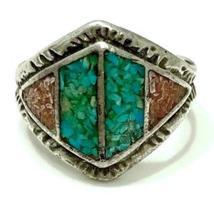 Old Pawn 1950s Navajo Crushed Turquoise Red Coral Sterling Silver Ring